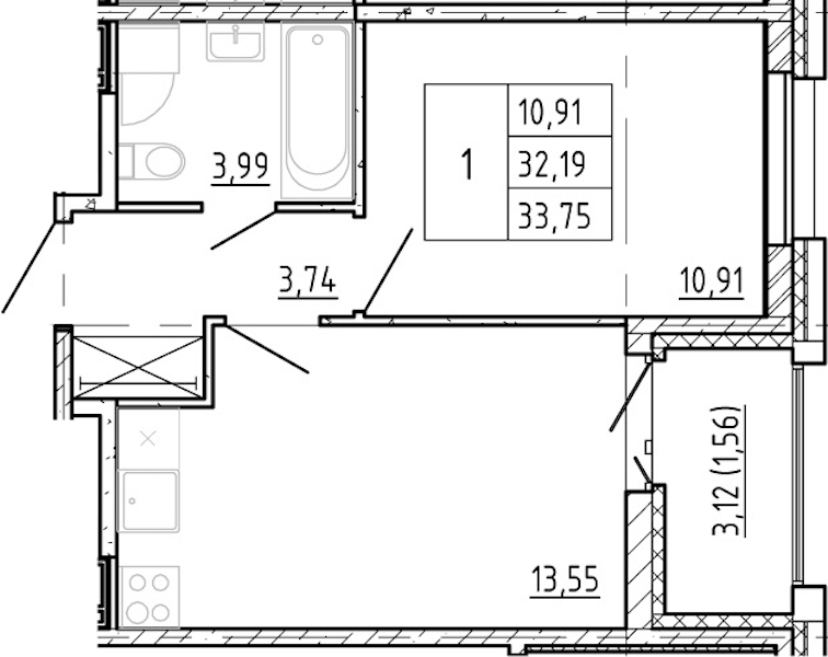 1-комнатная квартира 32.19 м², 10/12 эт., ЖК «Полис Новоселье»